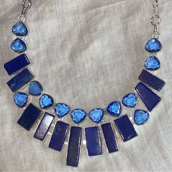 Sophisticated Lapis Lazuli + Blue Topaz statement cluster Necklace - Picture 3 of 12